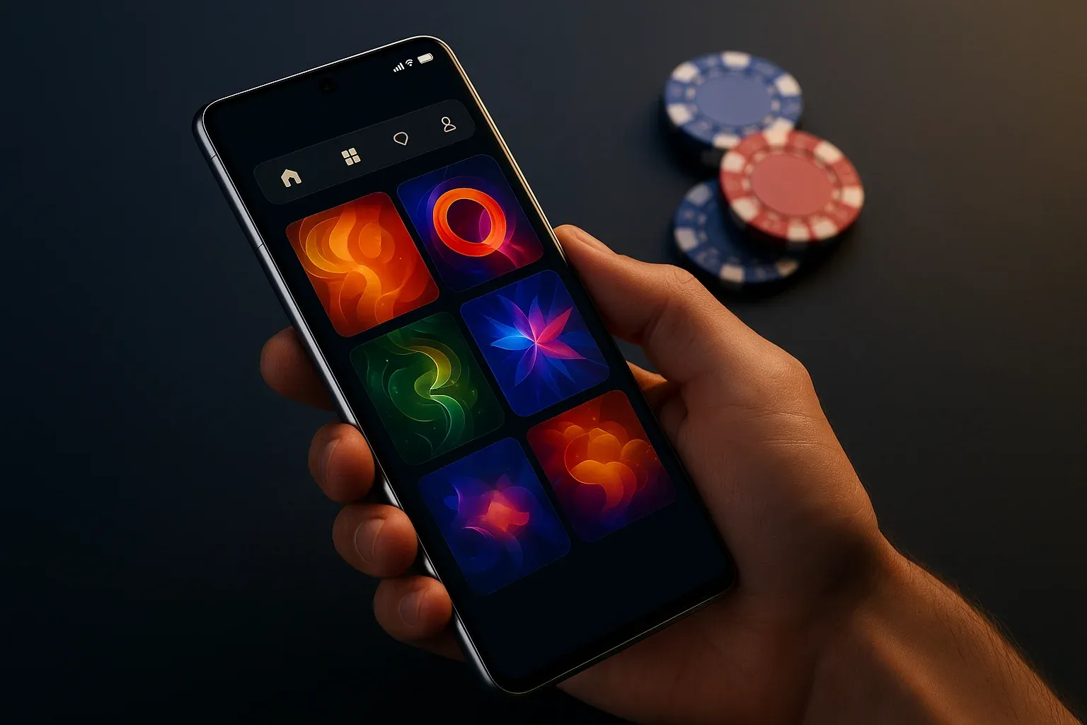 Hyperrealistic flagship Android phone showing vivid casino app interface, studio lighting