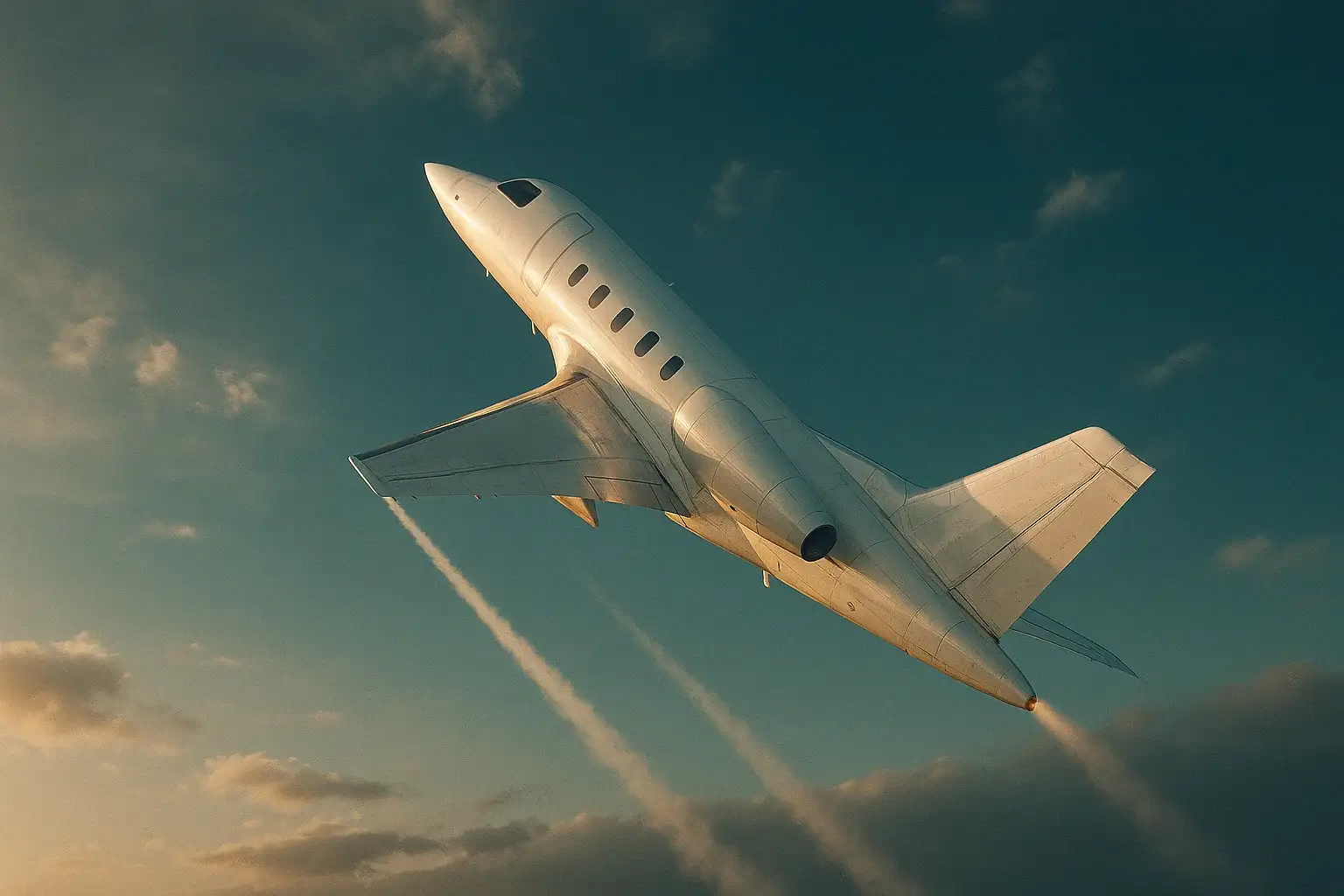 Hyperrealistic white jet aircraft climbing steeply in deep blue sky