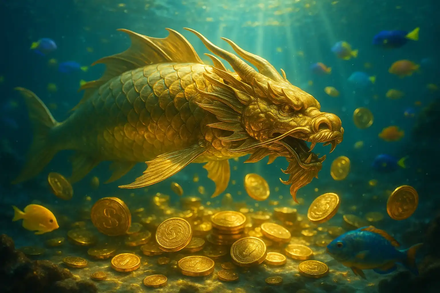 Hyperrealistic underwater golden dragon fish surrounded by coins and treasure