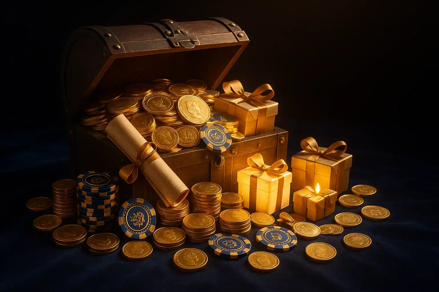 Overflowing treasure chest with gold coins, casino chips, vouchers, and gift boxes
