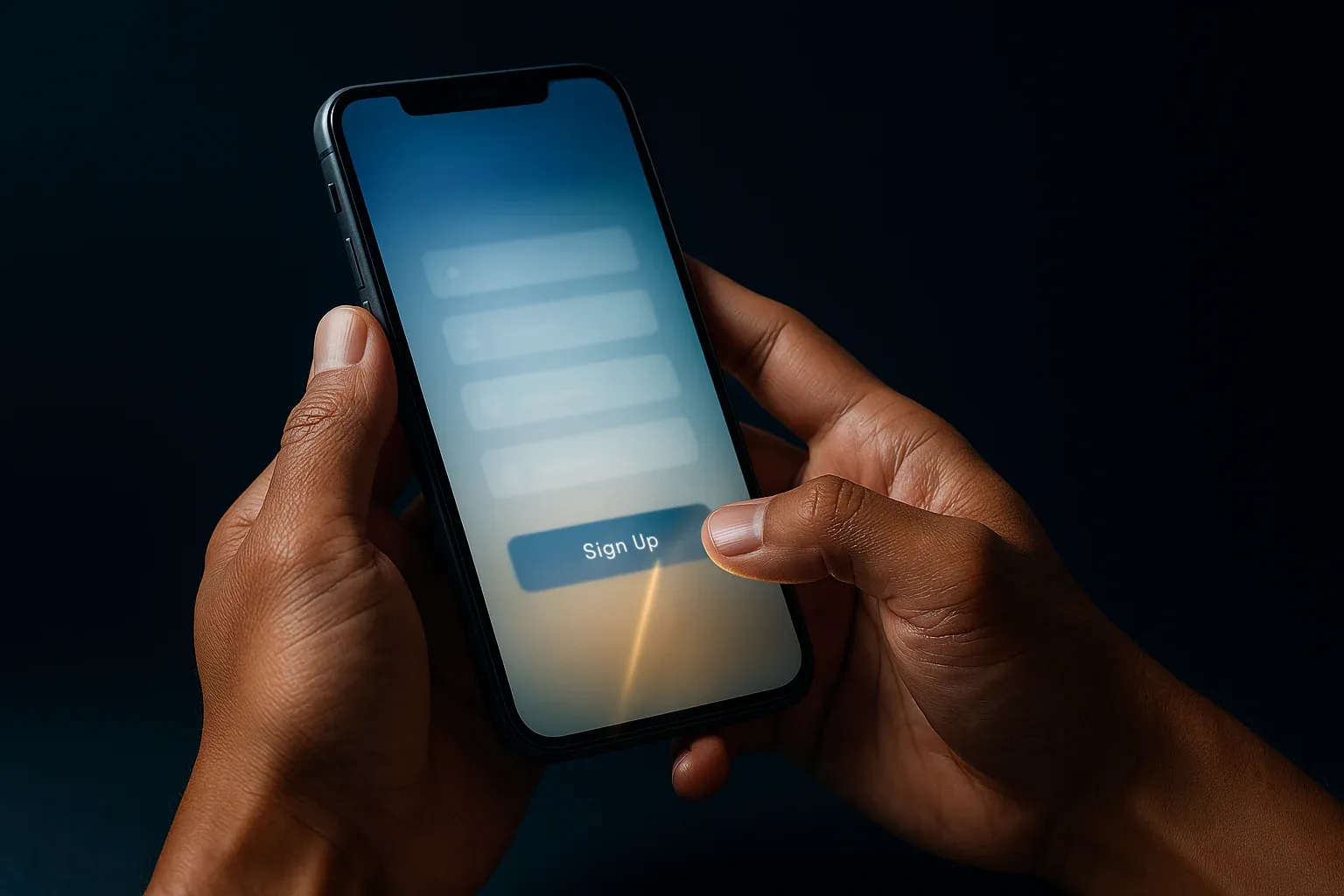 Filipino man hands holding smartphone with blurred registration form interface