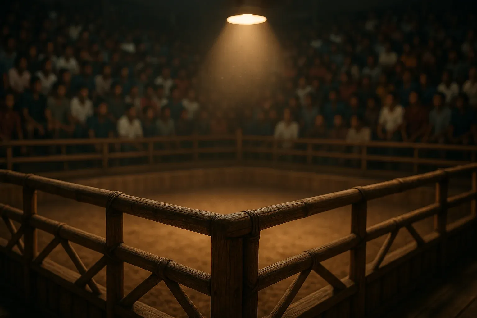 Hyperrealistic wide shot of Philippine sabong cockpit with spotlighted empty sand pit