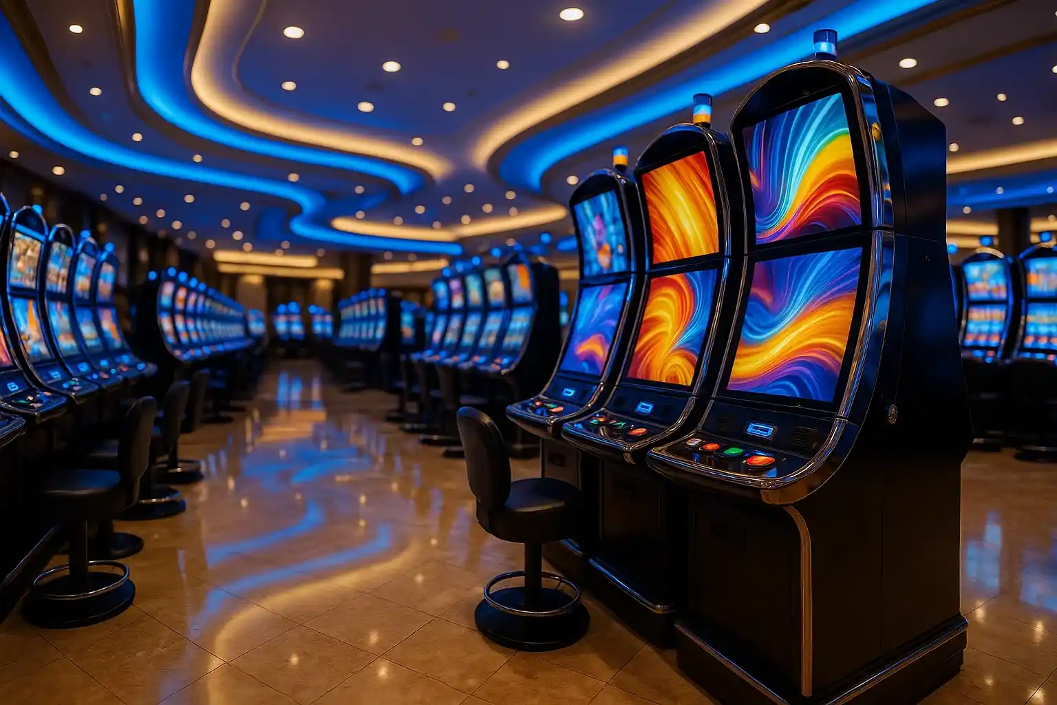 Hyperrealistic wide shot of Manila casino slots floor with blue gold lighting