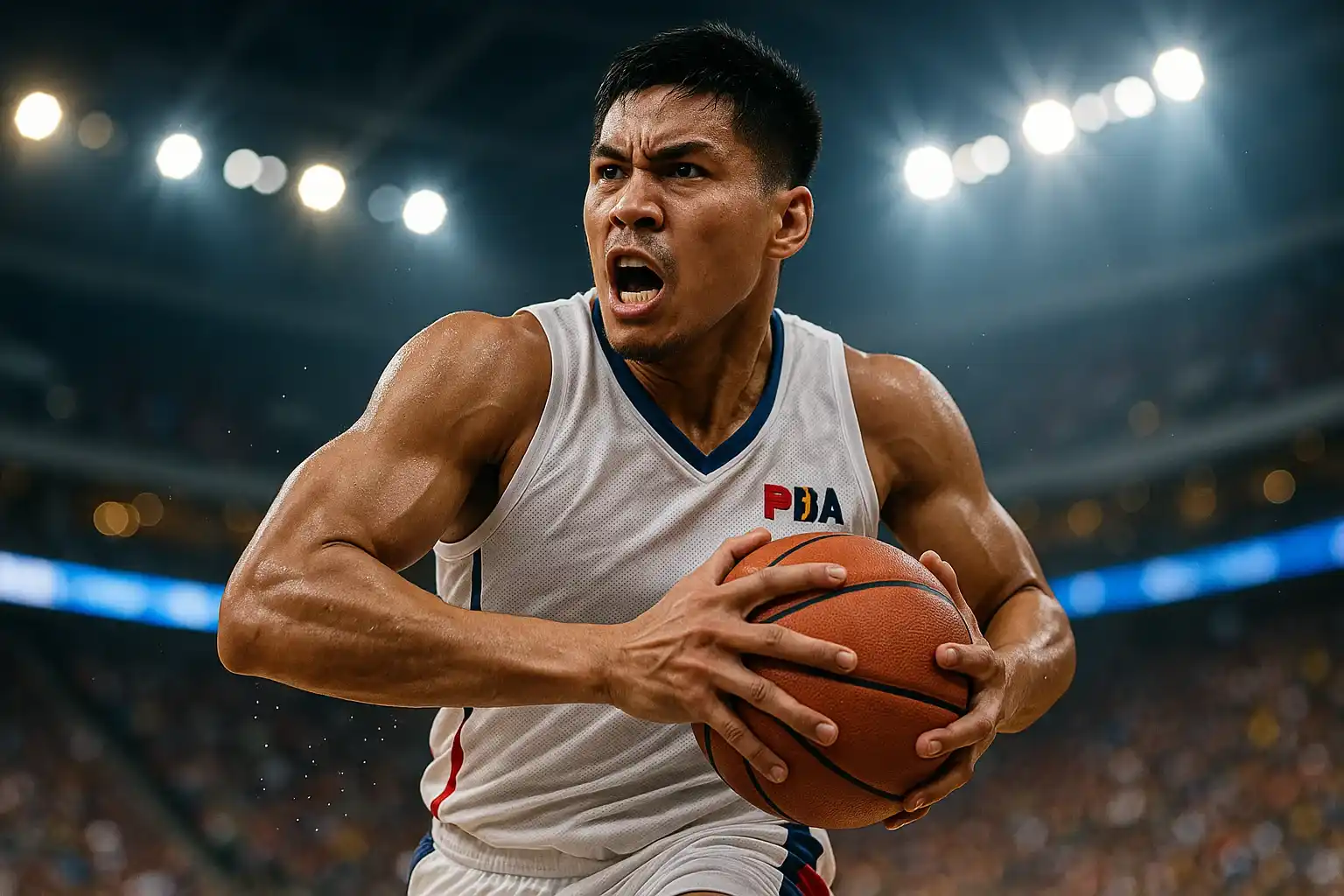 Filipino PBA basketball player mid-air power drive, intense close-up focus